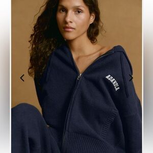 Varsity Knit Hooded Bomber Jacket - Navy Blue/Marshmallow White